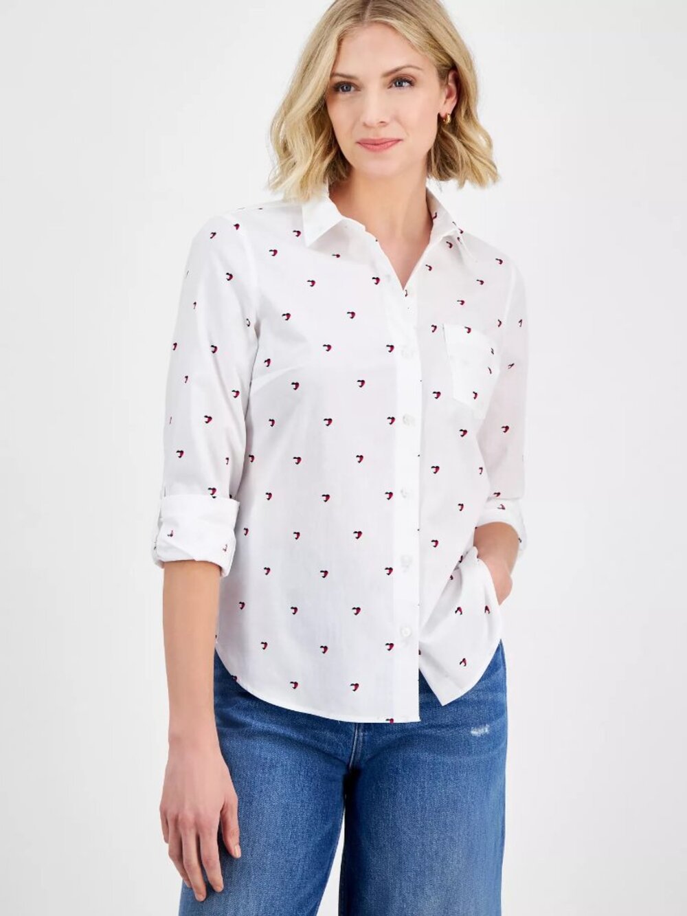 Tommy Hilfiger White Button Down Shirt Red Heart Logo Print Size M